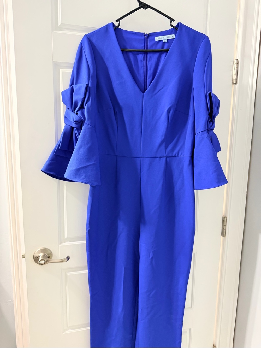 ANTONIO MELANI Cobalt Blue V-Neck Jumpsuit with Flared Bow Sleeves